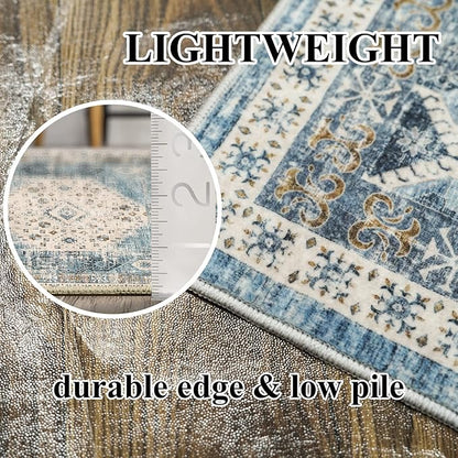 Hallway Washable Runner Rug 2'6x12 - Kitchen Runner Rugs with Non Slip Backing Stain Resistant Rugs for Living Room Bedroom Carpet Distressed Rug Floor Deocr Mat (2‘6''x12', Aqua Blue)