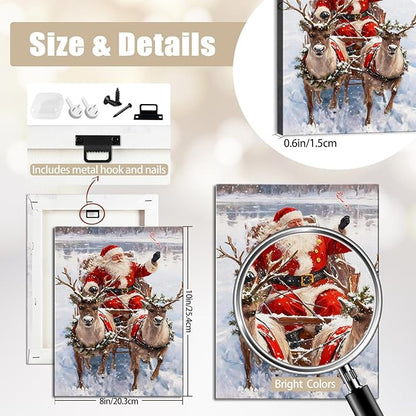 Vintage Santa in Sleigh with Reindeer Christmas Canvas Wall Art - Classic Framed Prints for Living Room & Office, Cozy Winter Snow Scene Nature Decor, Ideal Christmas Gifts & Festive Decorations