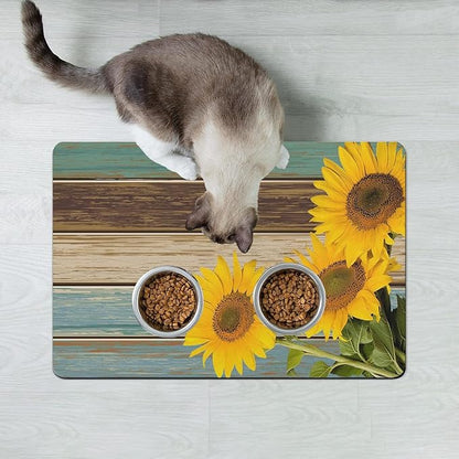 Dog Food Mats for Floors Absorbent, Cat Food Mat - Pet Cat Feeding Mat Quick Dry, Dog Bowl Mats for Water, Pet Supplies Feeding Placemat 16" x 24" Sunflower