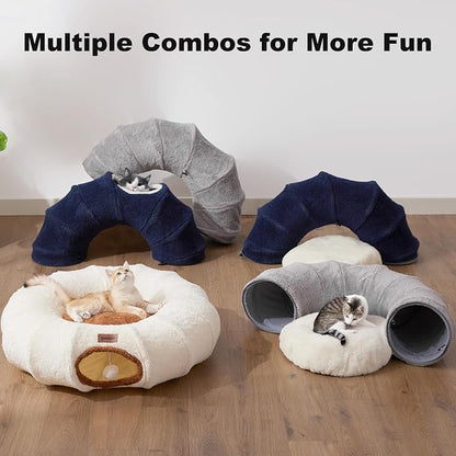 ZOMISIA Large Cat Tunnel Bed - Cute Donut Bed for Indoor Cats with Washable Circle Cushion, Round Pet Peekaboo Cave Toy for Multi Kitten/Puppy/Rabbit