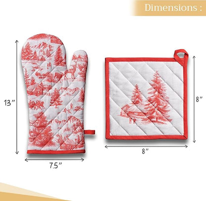 Maison d' Hermine 100% Cotton Oven Mitt & Pot Holder Set (7.5"x13" & 8"x8") Heat Resistant BBQ Cooking Gloves with Loop for Thanksgiving Christmas Decorations Handling Hot Pans (Winter Jouy)
