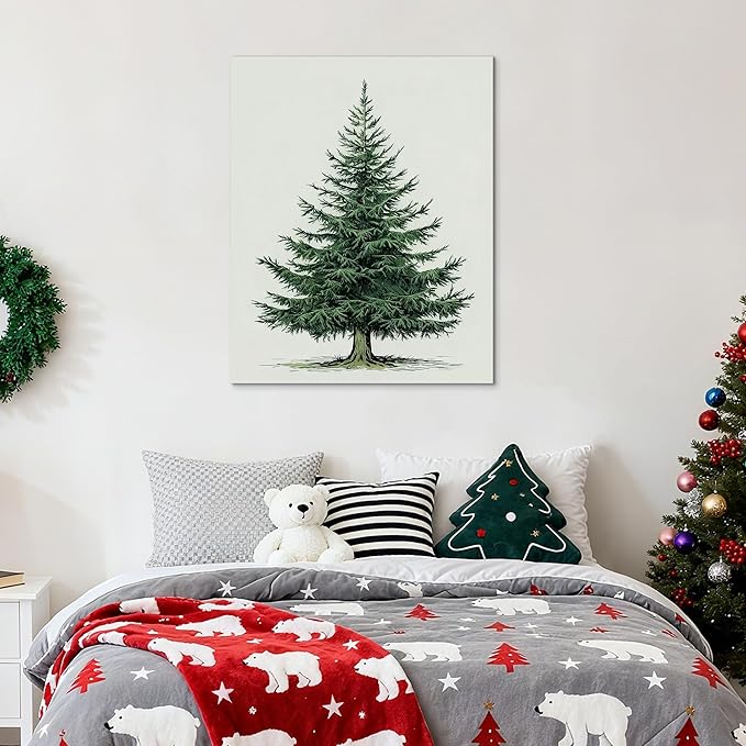 Framed Christmas Pictures Wall Decor,Vintage Pine Tree Prints,Winter Christmas Canvas Wall Art Decoration for Bedroom Bathroom Living Room Rustic Xmas Holiday Gifts (Christmas Tree 5, 16'' X 24'')