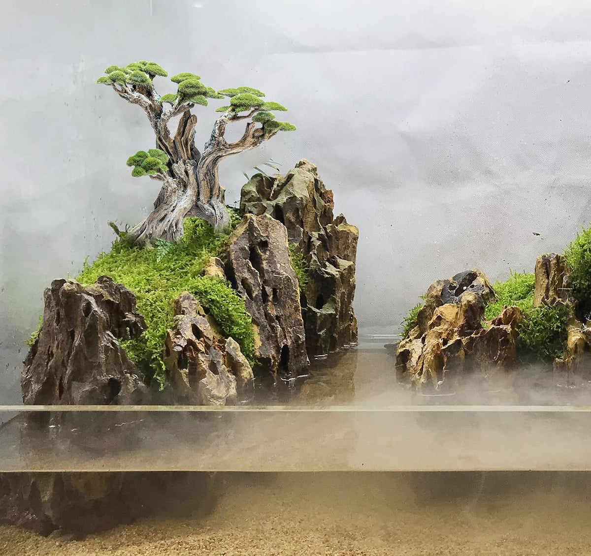 Fish Tank Decor- Bonsai Tree of The Forest with Faux Moss- Aquarium Decoration Aquascaping- Made of Sandstone, 8.8 x 4.3 x 7.8 inches