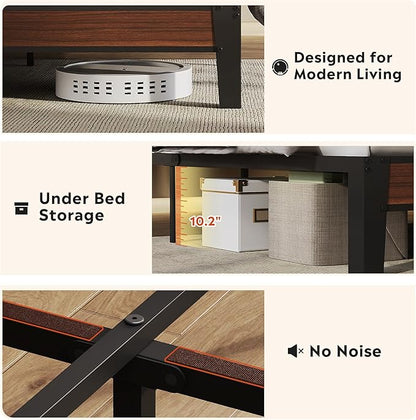 WLIVE Queen Size Upholstered Bed Frame with 2 Side Shelves, Linen Tufted Storage Headboard with Charging Ports and LED Light, Metal Solid and Stable, No Box Spring Needed, Easy Assembly, Brown