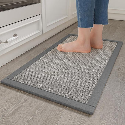 Anti Fatigue Kitchen Rugs Mat Non Slip Washable, 0.4" Thick Soft Cushioned Absorbent Kitchen Mats for Floor, Jute-Like Woven Laundry Standing Mats Sink Mat, Easy Clean Care, Gray 17"x30"