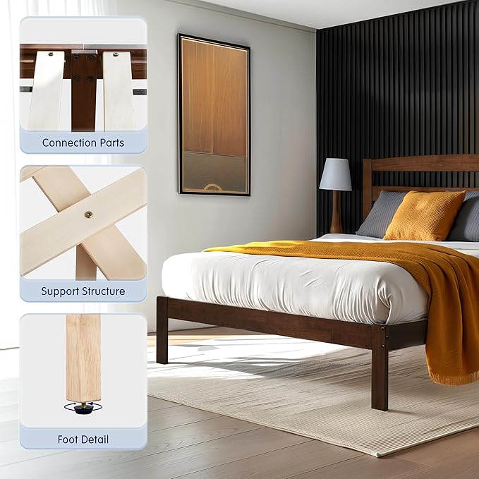 Hokway Wood King Bed Frame and Headboard- No Wobble,Noise-Free,Easy Assembly with Precise Holes,12 in Reinforced Center Legs,No Box Spring Needed,Walnut