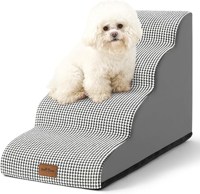 Dog Stairs for Small Dogs 19.7" H, Curved Dog Step for Puppy, Older or Cat, Medium Pet Ramp for Sofa, Couch or Bed, Ladder with High Density Foam, 15.7x28.3x19.7 inch, 4 Step, White Black