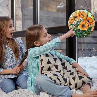 California Poppy Forest Sun Catcher Stained Glass Window Hanging Flower Lover Gifts for Women Poppy Wall Decor Handmade Sun Catcher Decoration for Home Garden Housewarming Gifts