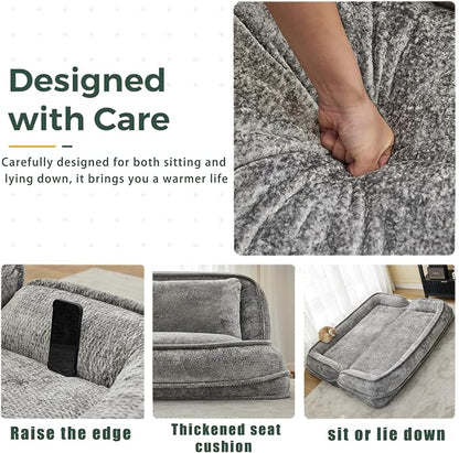Foldable Lazy Sofa Bed, Double Human Dog Bed for Adults, Light Gray | Skin-friendly Breathable Soft Chenille Upholstered, 5 Adjustable Backrest Positions, 3 Soft Cushions for Living Room