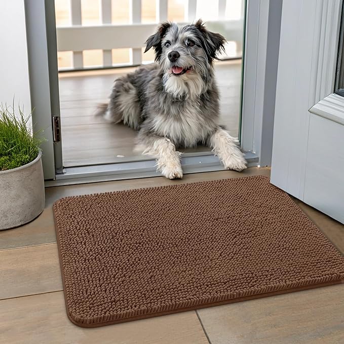 Smiry Dog Door Mat for Muddy Paws 24x16, Absorbs Moisture and Dirt Doormat, Non-Slip Washable Quick Dry Chenille Front Door Mat Indoor Entrance, Entryway Carpet for Inside Floor, Mocha