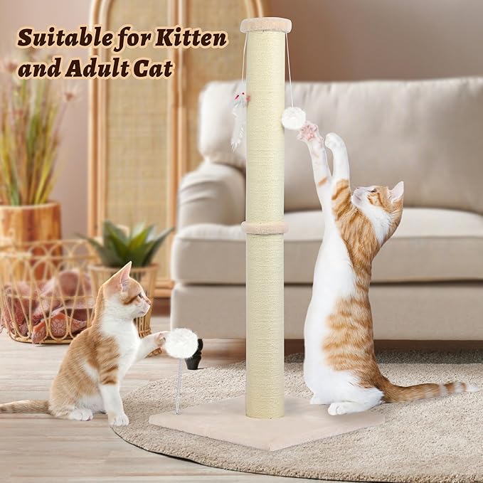 36 Inch Tall Cat Scratching Post – Sisal Cat Scratcher for Indoor Cats, Large Vertical Scratch Post, Sturdy Cat Scratch Pole Tower, Modern Cat Furniture for Kittens & Adults (Beige)