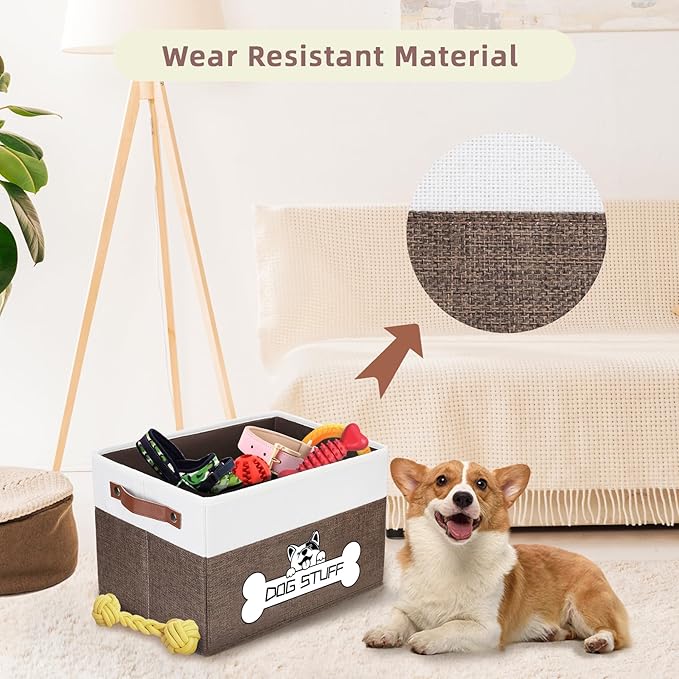 Foldable Dog Toy Box, Fabric Pet Storage, Folding Organizer Home Décor Bin with Handle, Collapsible Storage Basket for Pet Leash, Blanket, Chew Toys and Accessories, Coffee