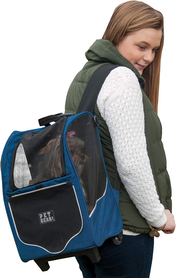 Pet Gear I-GO2 Roller Backpack, Travel Carrier, Car Seat for Cats/Dogs, Mesh Ventilation, Included Tether, Telescoping Handle, Storage Pouch