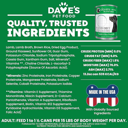 Dave's Pet Food Bland Dog Food (Lamb & Rice), Canned Wet Dog Food for Sensitive Stomachs, Gluten-Free, Digestive Care, 13.2 oz (Case of 12)