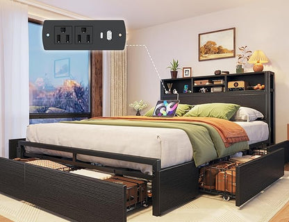 EnHomee Full Size Bed Frame with 6 Storage Drawers Full Bed Frame with Headboard, Storage Bed with Charging Station, No Noise,No Box Springs Needed,Black