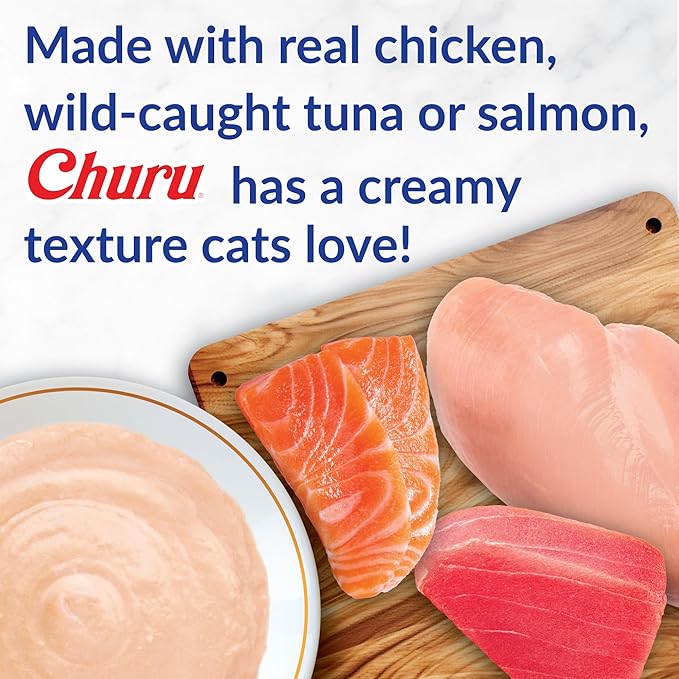INABA Churu Cat Treats, Grain-Free, Lickable, Squeezable Creamy Purée Cat Treat/Topper with Vitamin E & Taurine, 0.5 Ounces Each Tube, 50 Tubes, Tuna Variety