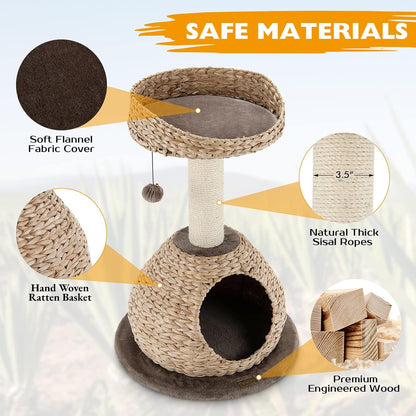 Tangkula Modern Cat Tree, Small Cat Tower with Natural Sisal Scratching Post, Hand-Made Wicker Cat Condo & Top Perch, Funny Hanging Toy Ball, Cute Cat Tree Tower for Indoor Cats