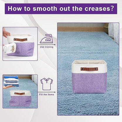 Storage Bins Large Fabric Storage Baskets for Shelves 3 Pack, Decorative Linen Closet Baskets with Handles for Organizing, Shelf, Clothes, Home, Office, 15x11x9.5Inches (Purple&White)