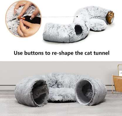 Cat Tunnel Bed for Indoor Cats with Washable Cushion Cat Cave Donut Tunnel with Fluffy Ball Big Round Tube Pet Playground Toys Soft Plush Peekaboo for Kitten, Cat, Puppy, Rabbit, Ferret