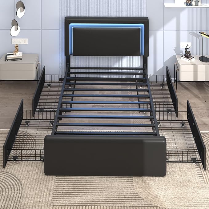 Twin Size Bed Frame with 4 Storage Drawers and LED Lights, Upholstered Platform Bed with Adjustable Headboard and Charging Station, Metal Slats Support, No Box Spring Needed,Easy Assembly, Black