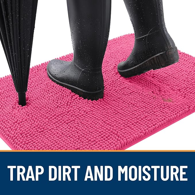 OLANLY Dog Door Mat for Muddy Paws 44x32, Absorbs Moisture and Dirt, Absorbent Non-Slip Washable Doormat, Quick Dry Chenille Mud Mat for Dogs, Entry Indoor Entryway Carpet for Inside Floor, Hot Pink