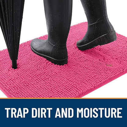 OLANLY Dog Door Mat for Muddy Paws 44x32, Absorbs Moisture and Dirt, Absorbent Non-Slip Washable Doormat, Quick Dry Chenille Mud Mat for Dogs, Entry Indoor Entryway Carpet for Inside Floor, Hot Pink