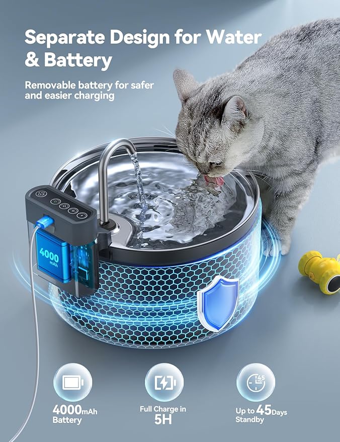 Wireless Cat Water Fountain [Water & Battery Separation] FEELNEEDY 4000mAh Battery Operated Cat Fountain, Cordless Pet Fountain with Motion Sensor for Cats Dogs-3.5L/118oz