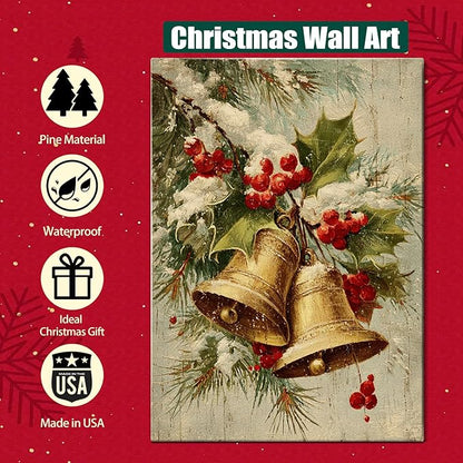 Vintage Golden Bells & Holly Berries Christmas Canvas Wall Art - Rustic Winter Holiday Framed Print for Living Room, Elegant Christmas Wall Decor, Ideal Christmas Gifts & Festive Decorations