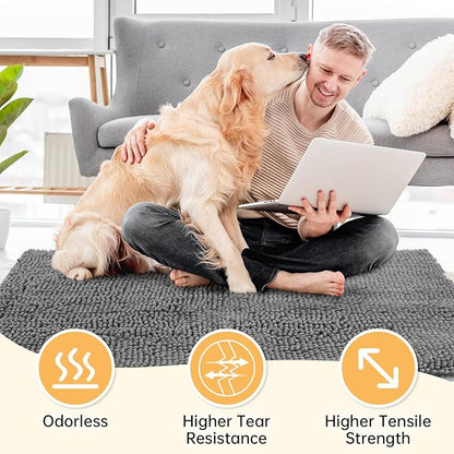Absorbent Dog Door Mat for Muddy Paws, 72" x 24" Chenille Indoor Mats for Entryway, Trap Dirt Front Door Mat Indoor Entrance Washable Non Slip Soft Light Grey