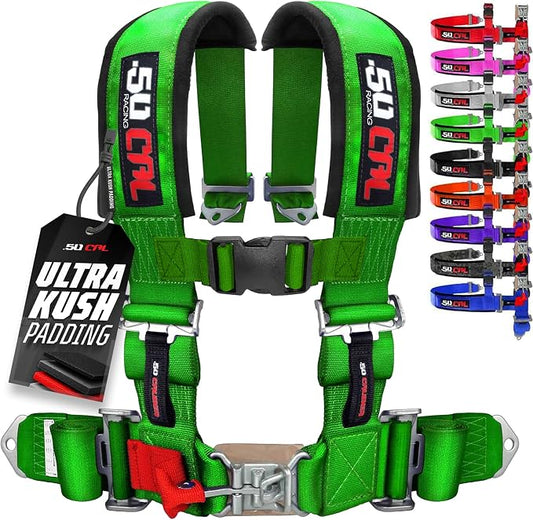 1pc 50 Cal Green 4 Point Harness 3 inch straps, Racing Harness Seat Belt | Ultra Kush padding, Push Button quick release hardware. Universal Fit for UTV, RZR, race car