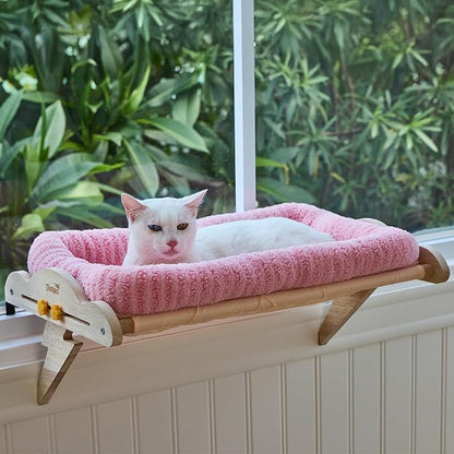 Cat Window Perch, Adjustable for Standard Window Sills Up to 7" Deep with Gap/Slot, Sturdy Wooden Cat Window Hammock Holds Up to 45 lbs, Washable Sherpa Cushion Window Seat for Large Indoor Cats