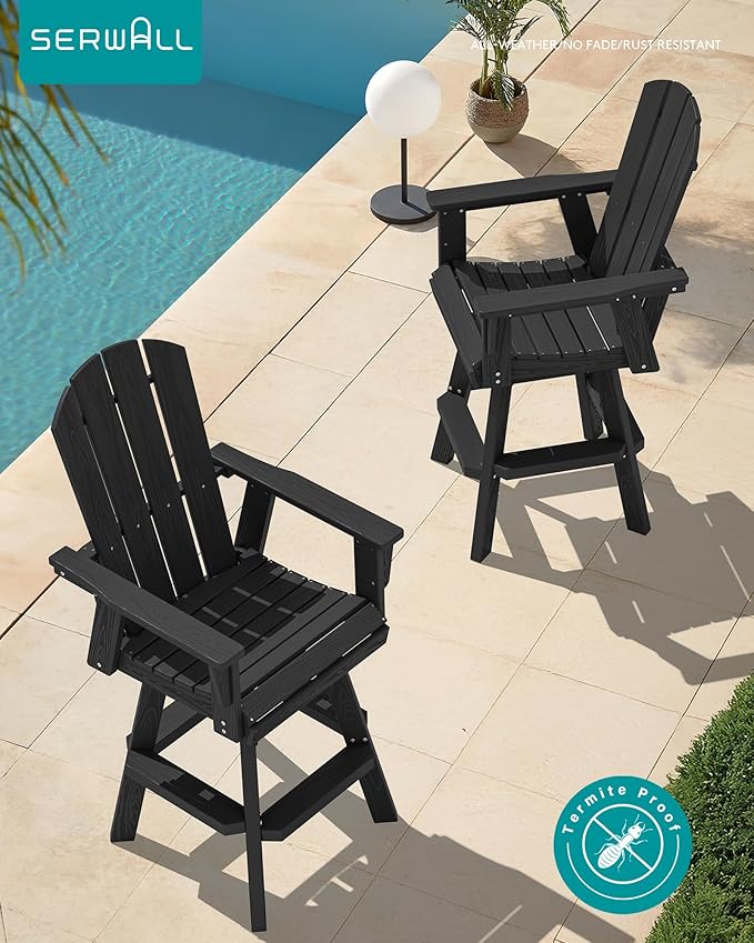 SERWALL Swivel Adirondack Bar Chairs Set of 2, HDPE Outdoor Swivel Barstools Chairs Set of 2 for Bistro, Poolside, Garden, Black