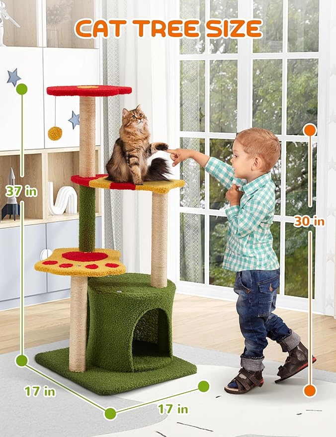 Flower Cat Tree 37in Cute Cat Tree Tower for Indoor Cats with 3 Sisal Covered Scratching Posts, Cozy Tower Condo, Padded Top Perch Green Fun Cat Tree Kitty Condo Cat Furniture for Indoor Cats