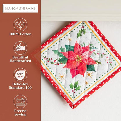 Maison d' Hermine Pot Holders 100% Cotton Heat Resistant Potholders 8" x 8" Hot Pads with Loop for Thanksgiving Christmas Decorations BBQ Cooking Handling Hot Pans (Pack of 1, Poinsettia Christmas)