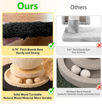 Mushroom Cat Scratching Post Cat Tree, 21.5‘’ H Cute Cat Scratcher Tower with Durable Solid Wood Turntable Toy, Solid Black Mushroom Scratch Post Cat Sisal Scratcher with Catnip for Indoor Cats