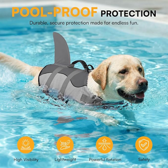 Dog Life Jacket Ripstop Shark Dog Safety Vest Adjustable Preserver with High Buoyancy and Durable Rescue Handle for Small,Medium,Large Dogs, Grey Shark X-Small