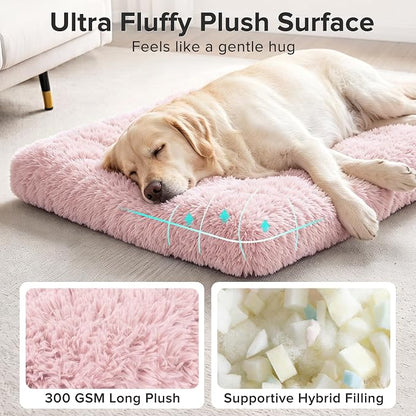 JOEJOY Dog Bed Crate Pad, Deluxe Plush Washable Dog Beds Fulffy Soft Kennel Pad Anti-Slip Pet Sleeping Mat for Small Dogs，23" x 18", Pink