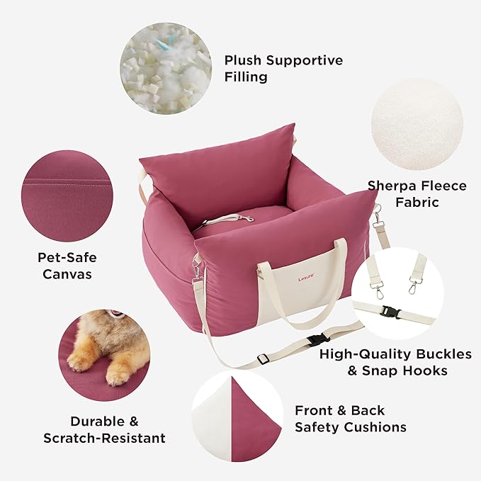 Lesure Small Dog Car Seat for Small Dogs - Waterproof Dog Booster Seat for Car with Storage Pockets and Clip-On Safety Leash and Thickened Memory Foam Filling, Pet Travel Carrier Bed Rose Red