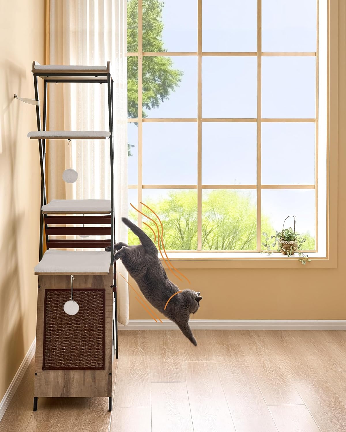 FourFurPets 72.4" Cat Tree, Modern Cat Tower for Indoor Cats, Multi-Level Cat Condo with Caves, Tall Cat Tree with Cat Scratching Board, Wooden Cat Tower with Large Perch, Removable Pads, Camel Brown