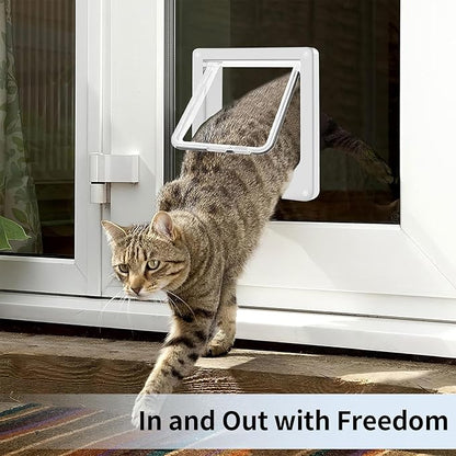 Cat Door for Interior Exterior Door (Outer Size 7.75" x 7.5"), 4-Way Locking Flap for Cats & Dogs(Circumference < 20"), Weatherproof Pet Door, White, ABS Material (M)