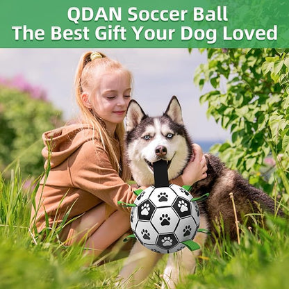 QDAN Dog Toys Extra Large Soccer Ball with Straps, Tug Toy, Water Toy, Durable Dogs Balls World Cup for Large（9 Inch）