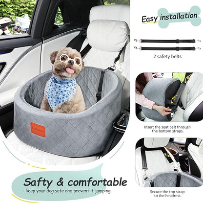 Dog Car Seat for Small Dogs Up to 30 Lbs,Ultra Soft Fabric Fill in Comfy Memory Foam,Happy Pet Ride,2 Safety Dog Leashes,Fully Detachable and Washable,Anti Slip Base(Grey)