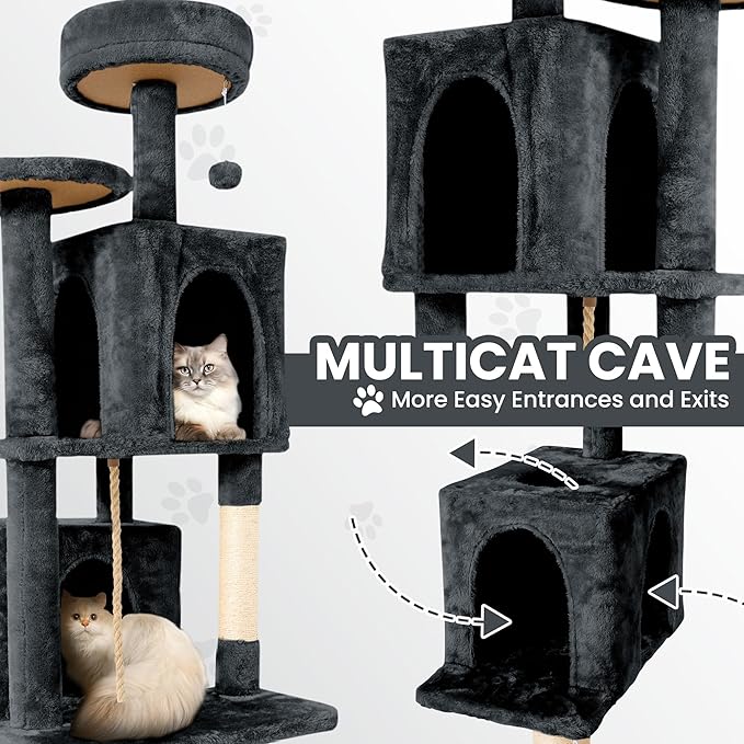 58.5inch Large Cat Tree Tower Condo for Indoor Cats, Soft Plush Multi-Level Climbing Tree Cat House with 1 360° Rotating Cat Cave, Scratching Post, More Entrance/Exit, Sisal Rope, Grey Black