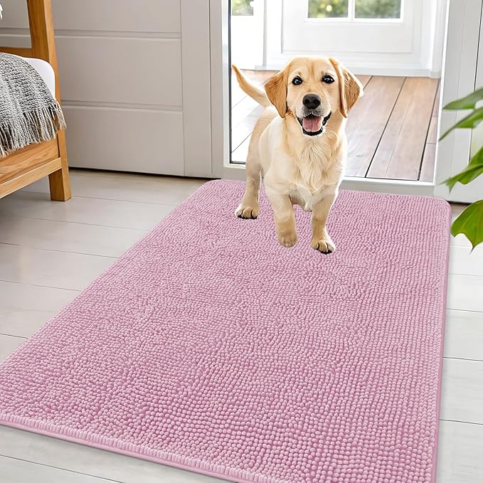 OLANLY Dog Door Mat for Muddy Paws 44x32, Absorbs Moisture and Dirt, Absorbent Non-Slip Washable Doormat, Quick Dry Chenille Mud Mat for Dogs, Entry Indoor Entryway Carpet for Inside Floor, Dusty Rose
