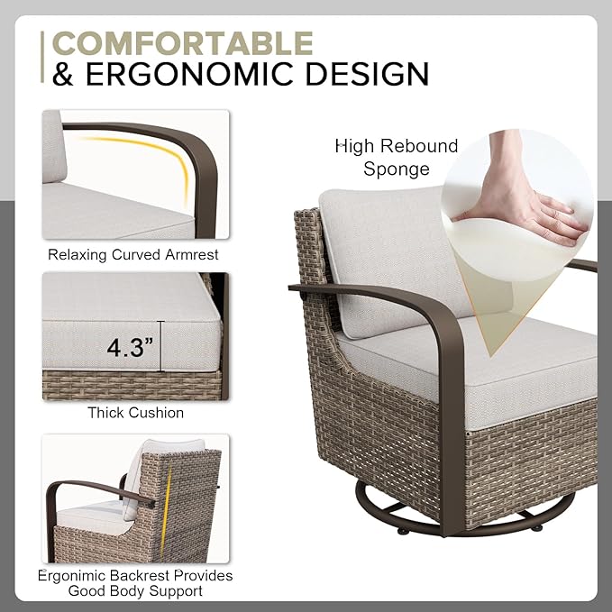 COOS BAY Aurora Terrace Half-Moon Outdoor Furniture Set, Rattan Conversation Set with Swivel Rockers, Curved 4-Seat Sofa, Coffee Table, Seats 6, Beige/Beige