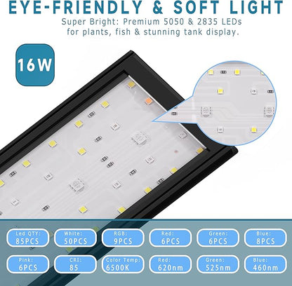 24/7 Mode LED Aquarium Light for 18-24 Inch Plant & Fish Tank, IP68 Full Spectrum Light, Sunrise-Daylight-Moonlight, White Red Green Blue Pink LEDs with Extendable Brackets for Freshwater