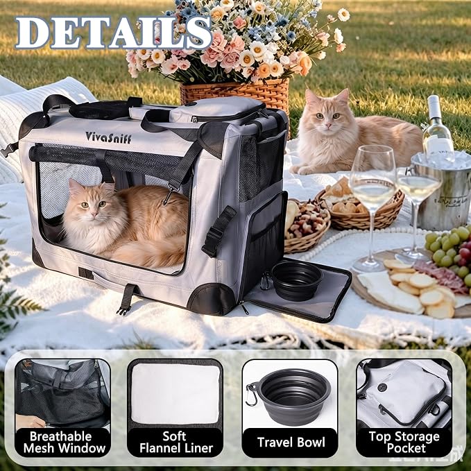 Large Cat Carrier, Foldable Car Travel Dog Crate-Small Dogs | 24" Fits 2 Cats or 1 Small Dog, up to 55 lbs, Soft mat, zipper lock prevents escapes, Foldable Car Travel Pet Crate