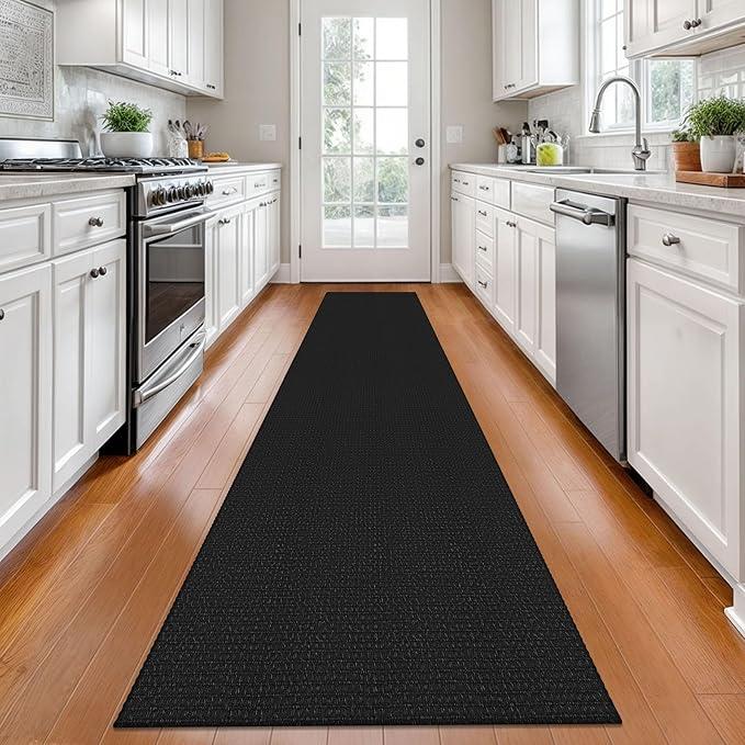 KOZYFLY Long Runners for Hallways 2x12 ft Washable Kitchen Runner Non Slip Rubber Backed Hallway Rugs Cotton Entryway Runner Rug Floor Carpet for Indoor Hall, Backdoor, Kitchen, Black/Dark Grey