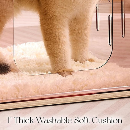Acrylic Cat House for Indoor Cats, Transparent Cat Bed Cave with Plush Cushion & Hanging Toys, Modern Ventilated Cat Condo with Sturdy Wooden Base for Adult Cats & Kittens up to 12 lbs, Pink
