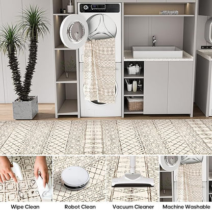 3x6 Washable Kitchen Runner Rug: Non Slip Moroccan Hallway Runners - Low Pile Soft Farmhouse Neutral Carpet for Bedroom Entryway Laundry 3x6 Geo Beige
